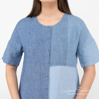 ALANA Dress blue 11 linen long blue shades dress, pocket on from, round neck.
