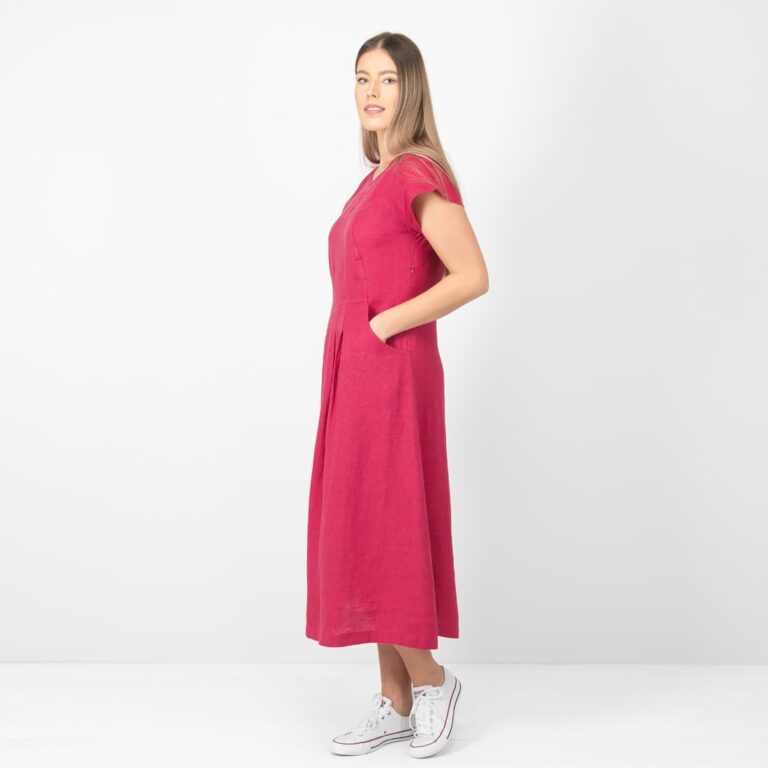 Long Red Linen Dress, Washed Sleeves, Pockets, LinenFashion. Long Red Linen Dress, Washed Sleeves, Pockets, LinenFashion.
