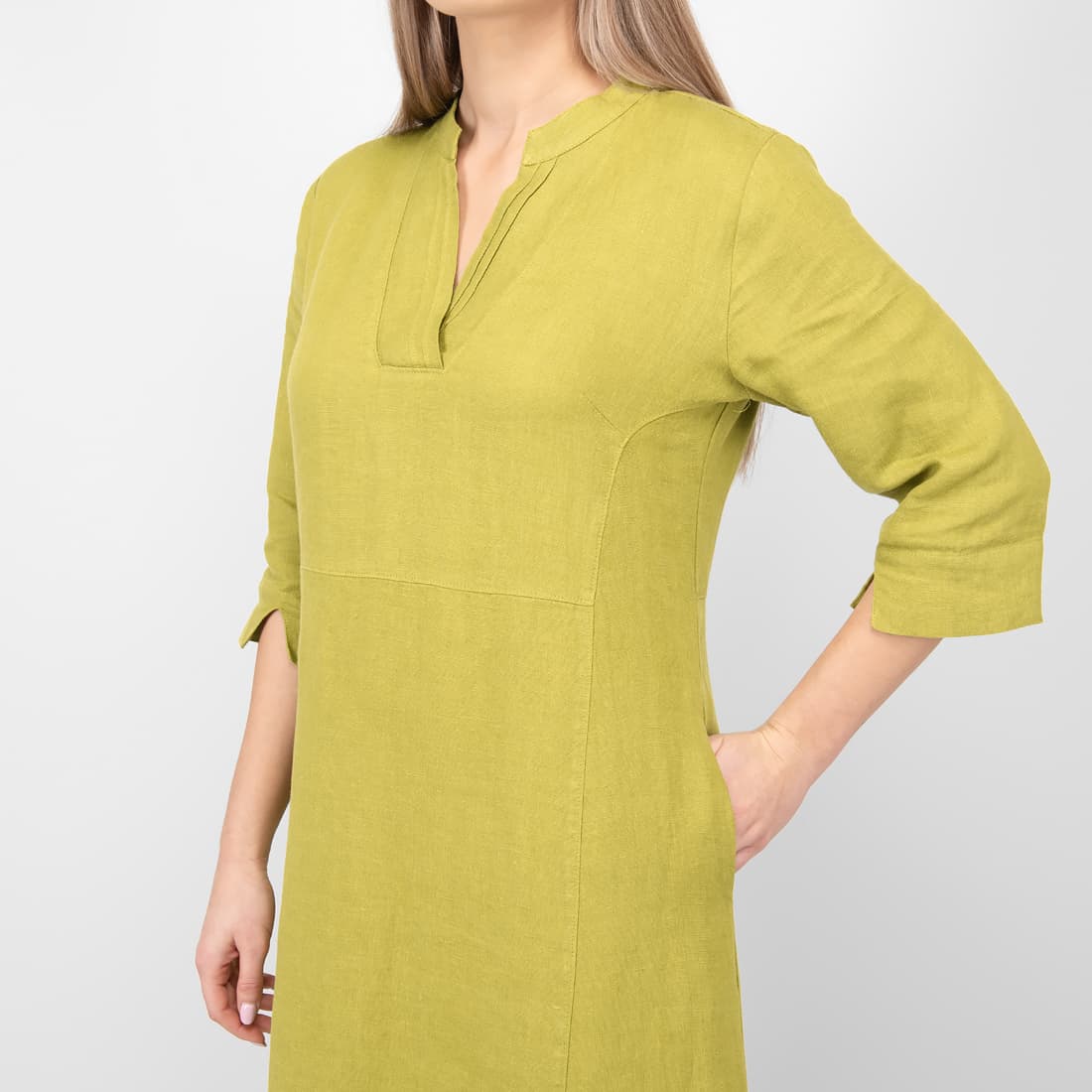 knee length dresses for ladies Midi Dress NANE, Summer Linen Long Sleeve Dress in Petrol-Blue main image 1