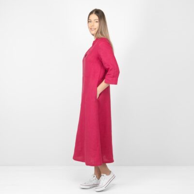 VENA Dress red 7 red long linen dress with 3/4 sleeves