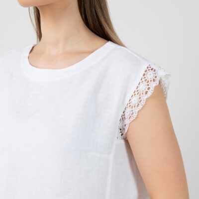MILDA Dress white 9 White knee length linen dress, short sleeves with lace