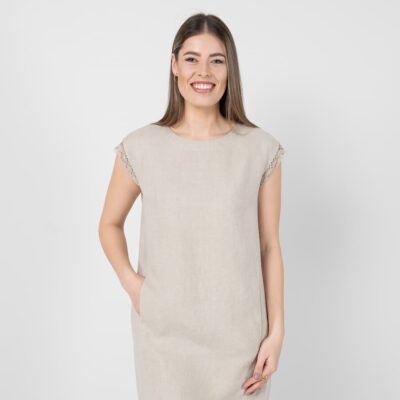 MILDA Dress natural linen 6 Natural linen knee length dress, short sleeves with lace