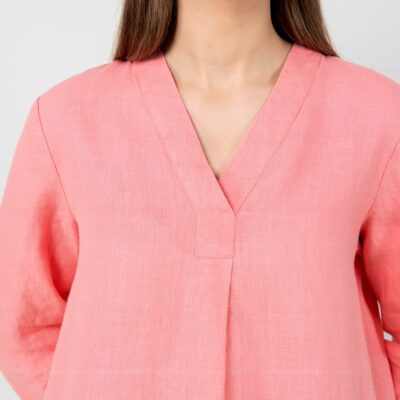 MARA Dress pink 9 Light pink linen dress, v-neckline