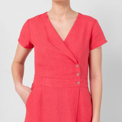 LAUREN Dress red 9 Red linen dress v neckline