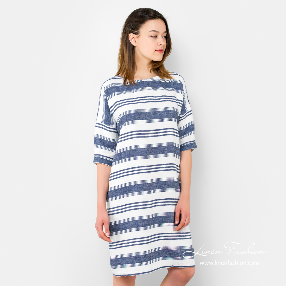 Striped linen dress, white & blue