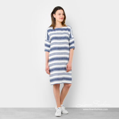 Knee-length linen dress with stripes