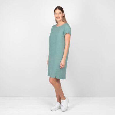 PROVENCE Dress aqua green 8 aqua linen dress from side, short sleeves