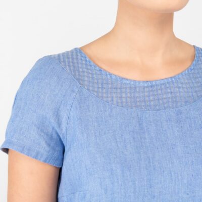 PROVENCE Dress blue 10 blue linen dress, round open gauze neck