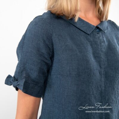 MONA Dress navy striped 8 100% linen navy dress.