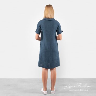 MONA Dress navy striped 10 MONA dress of 100% linen fabric.