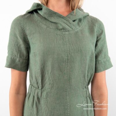MAGALI Dress green 9 Green linen dress with hoodie and pockets