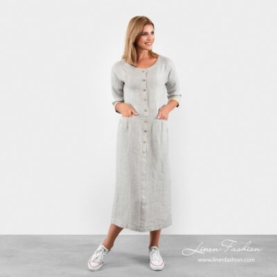 Grey linen dress front pockets