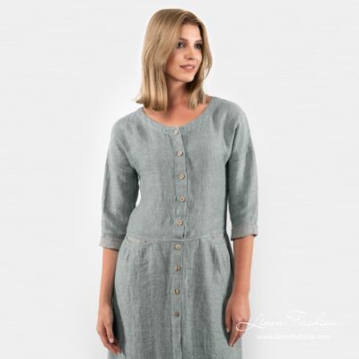 Greenish grey dress of 100% linen fabric.