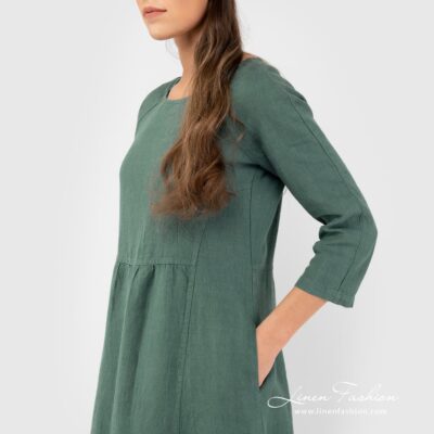 DELFINA Dress dark green 8 100% linen dress in green colour, DELFINA.