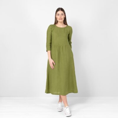 DELFINA Dress green 7 Green linen dress, midi length