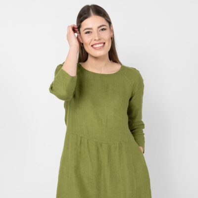 DELFINA Dress green 8 Green linen dress, round neckline