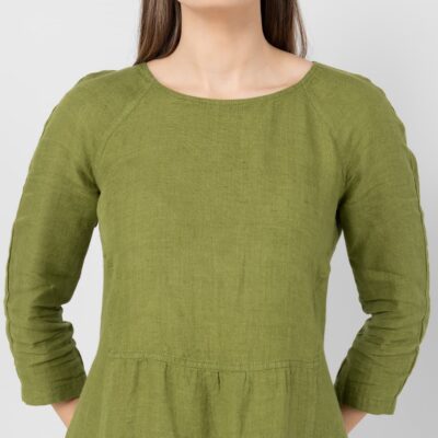DELFINA Dress green 9 Green linen dress, 3/4 sleeves