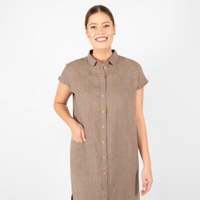 GINA Dress brown 9 brown linen dress, short sleeves
