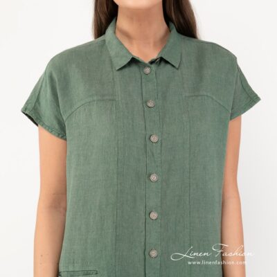 GINA Dress green 10 Green linen dress collar and buttons