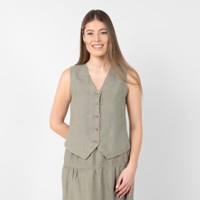 NELY Vest grey-green 7 Linen vest grey-green with buttons, V-neckline