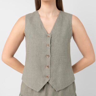 NELY Vest grey-green 9 Linen vest grey-green with buttons