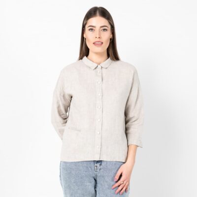 BIANCA Shirt beige 7 Beige linen shirt blouse, 3/4 sleeves