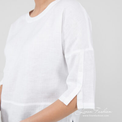 DAPHNE Blouse white 7 white linen blouse 3/4 sleeves with press buttons.