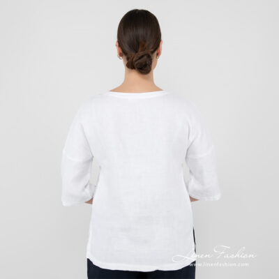 DAPHNE Blouse white 8 white linen blouse 3/4 sleeves from backside.