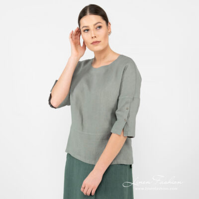 DAPHNE Blouse green 6 linen green blouse with sleeves, washed.