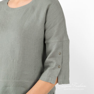 DAPHNE Blouse green 9 linen green blouse with sleeves with press buttons.