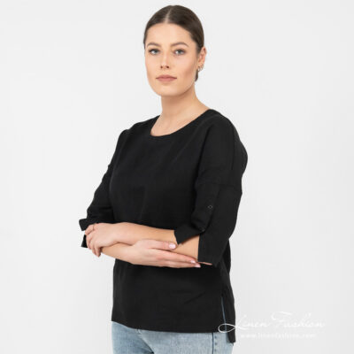 DAPHNE Blouse black 6 black linen blouse with slits on sides.