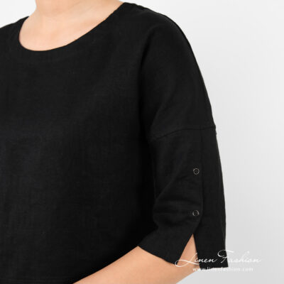 DAPHNE Blouse black 9 black linen blouse with 3/4 sleeves with press buttons.