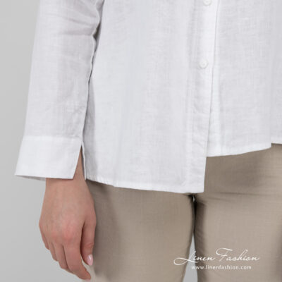 UMBER Shirt white 10 white linen blouse long sleeves, asymmetrical bottom.