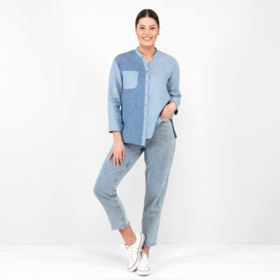 UMBER Shirt blue 8 linen blue blouse in full view.