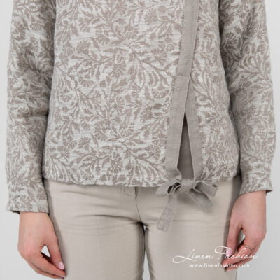 CYBIL Blouse beige 9 linen cotton beige jacquard blouse with ribbon at bottom.