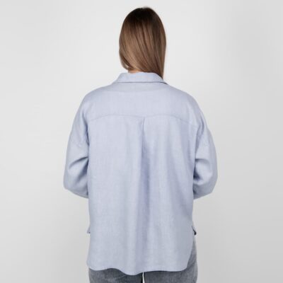 light blue linen shirt blouse; from backside