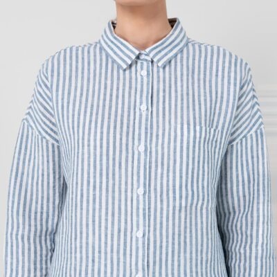 ODILE Shirt striped blue and white 9 Striped blue linen shirt, classic collar