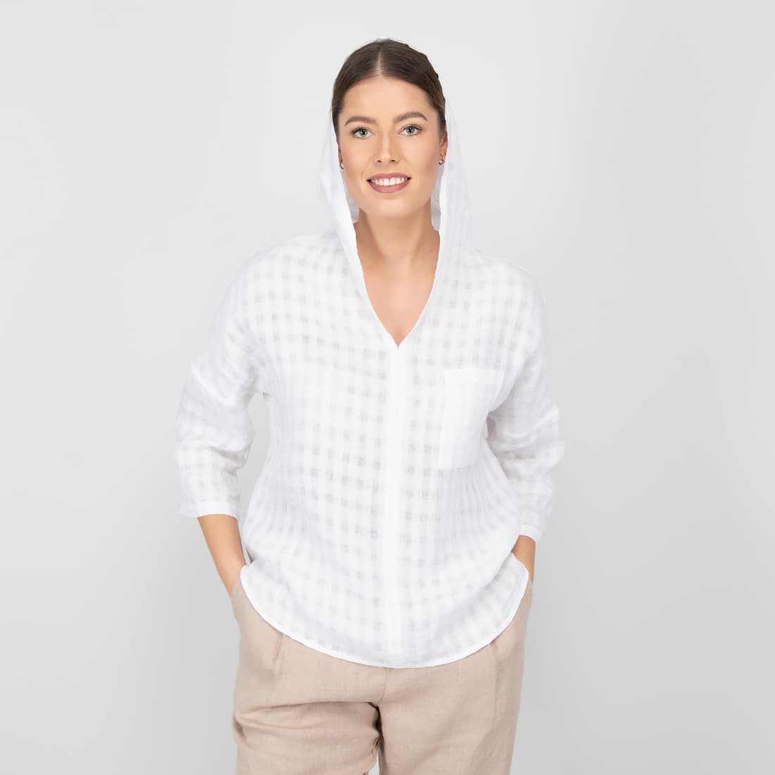 white linen blouse with hoodie