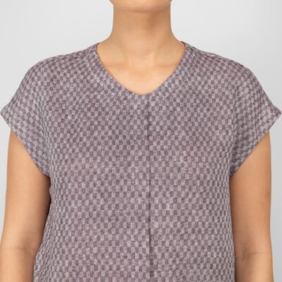 linen violet blouse in checks round collar