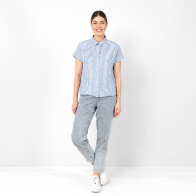 ORSI Shirt striped blue 7 Striped blue white linen shirt, button down