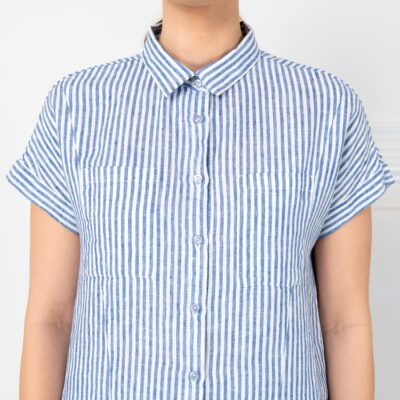 ORSI Shirt striped blue 8 Striped blue white linen shirt, classic collar