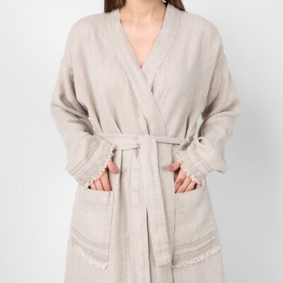 Natural linen bathrobe, waffle fabric