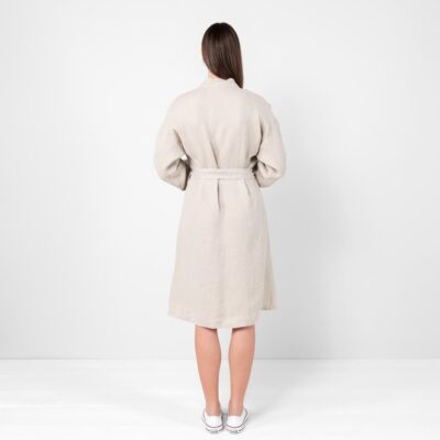 Natural linen bathrobe with waist tie