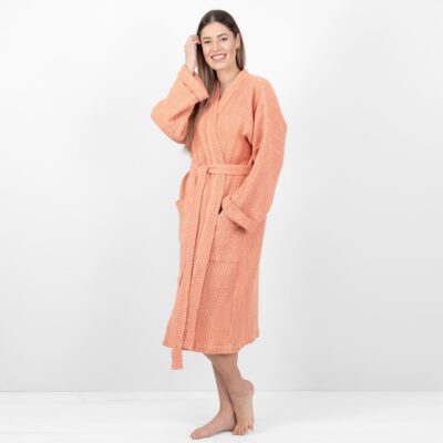 BINGO Bathrobe peach 8 linen cotton peach bathrobe, waffle structure.