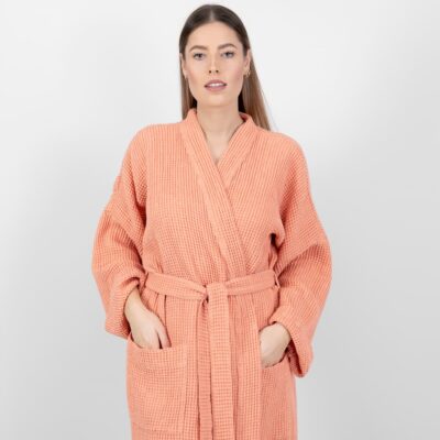 BINGO Bathrobe peach 9 linen cotton peach bathrobe front side.