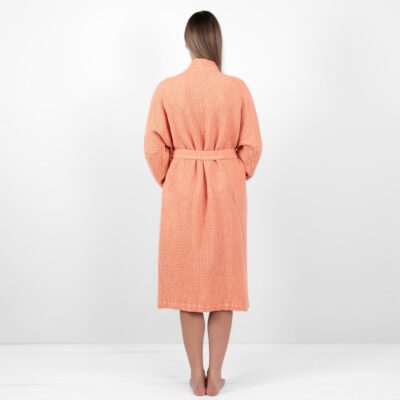 BINGO Bathrobe peach 12 linen cotton peach bathrobe from backside.
