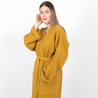 BINGO Bathrobe mustard 8 linen cotton mustard bathrobe waffle structure.