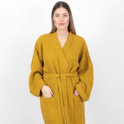 BINGO Bathrobe mustard 9 linen cotton mustard bathrobe washed.