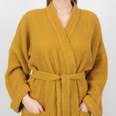 BINGO Bathrobe mustard 10 linen cotton mustard bathrobe with simple colar and belt.