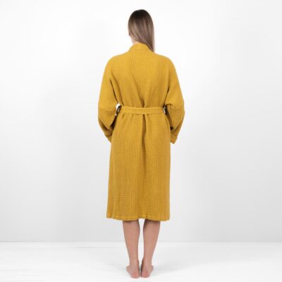 BINGO Bathrobe mustard 12 linen cotton mustard bathrobe from backside.